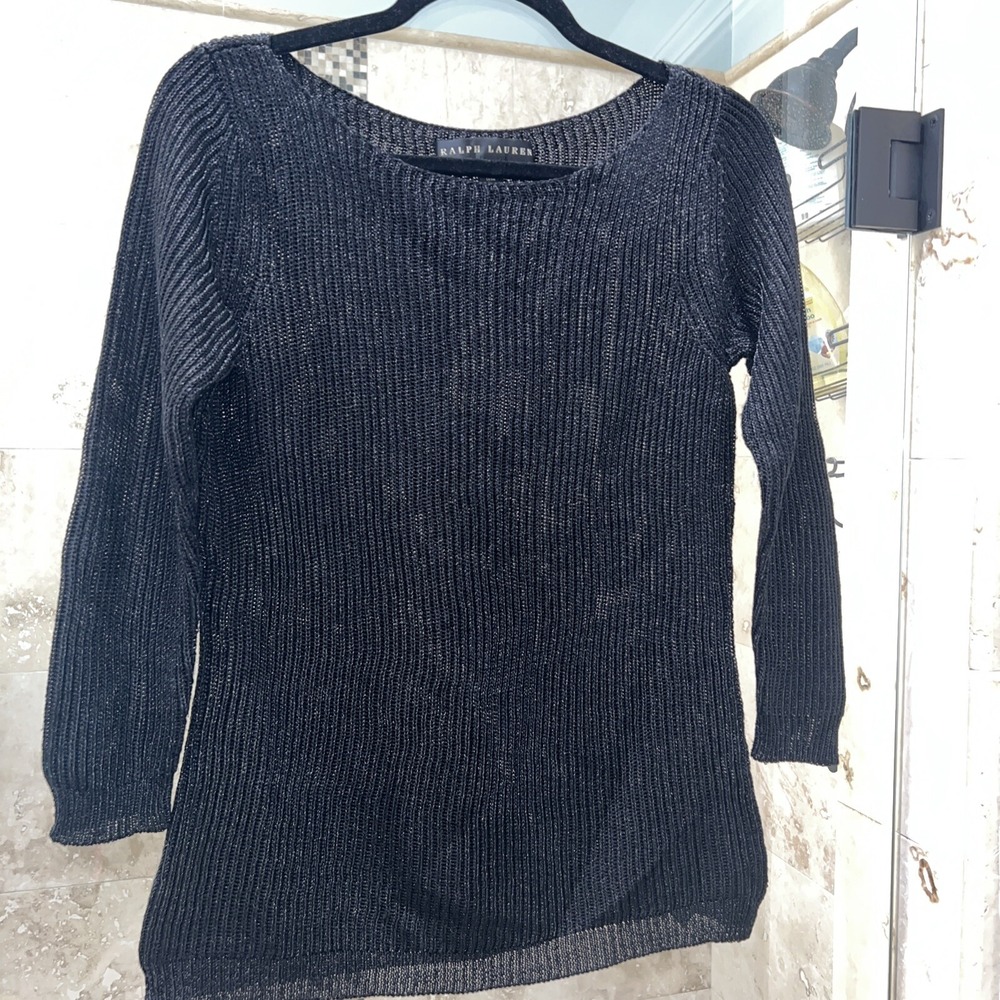 Ralph Lauren Black Label Womens M Metallic Black Boat Neck Long Sleeve Sweater